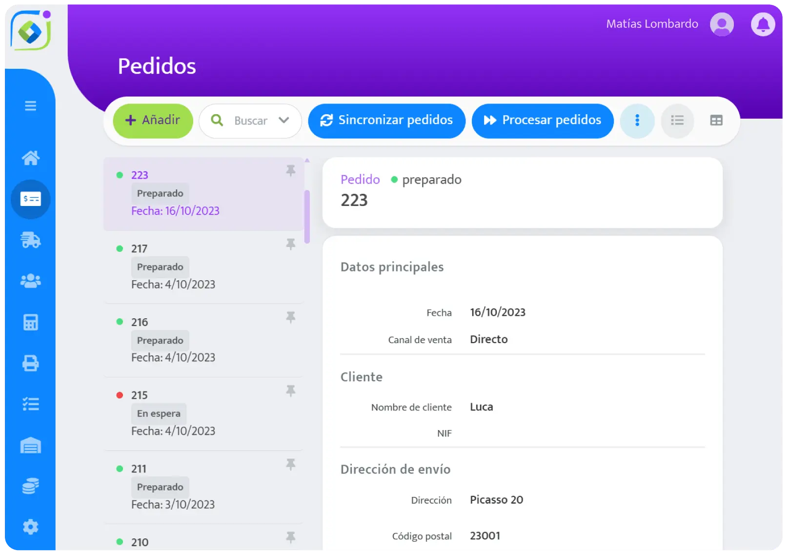 Página de la app: Módulo Pedidos