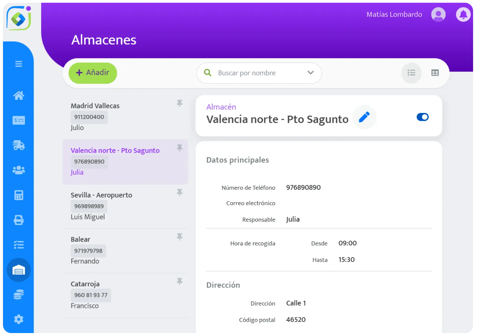 Página de la app: Módulo Almacenes